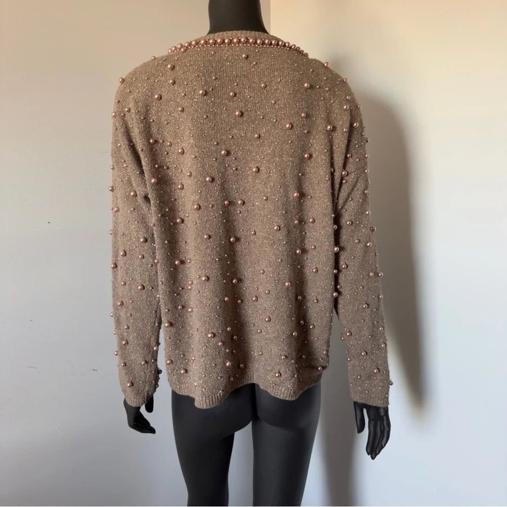 102. VTG Silk / Rabbit hair Elegant Pearl-Embellished Brown Sweater - Picture 5 of 8